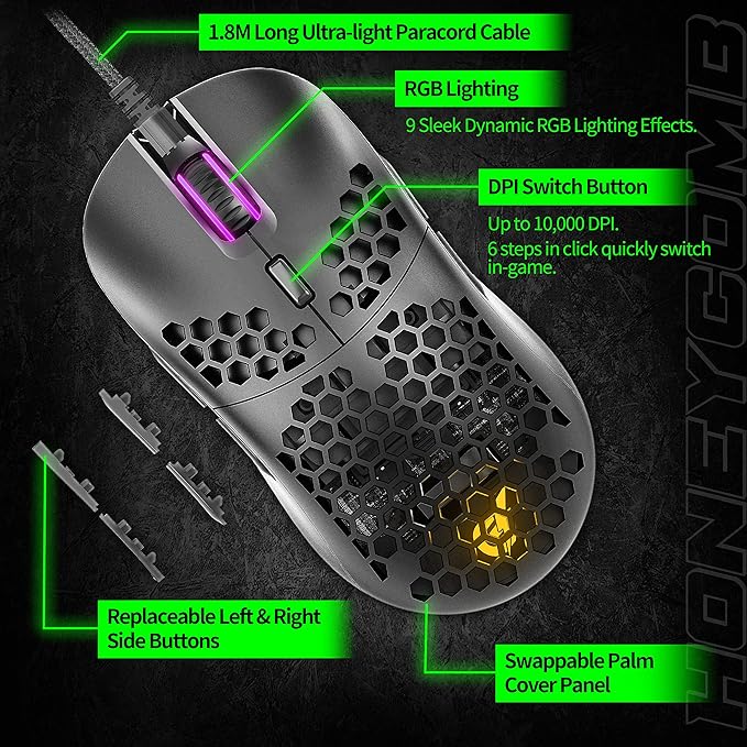GUNMJO Gram DIY Honeycomb Shell Wired RGB Gaming Mouse, PC Gaming Mouse with 9 Buttons and Up to 10,000 DPI, Computer Mice for PC Gaming, Black Color