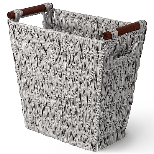 GRANNY SAYS Woven Wicker Desk Wastebasket with Wood Handles – Gray (1-Pack)