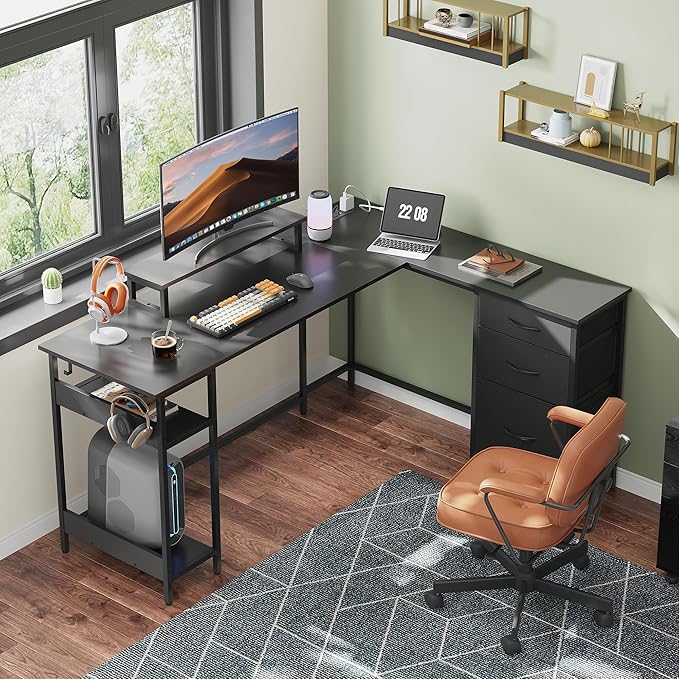 DEVAISE 60 Inches L Shaped Desk with Drawers, L Shaped Gaming Desk with Power Outlets, LED Lights, Monitor Stand, Computer Desk with Storage, Large Corner Table for Home Office (Black)