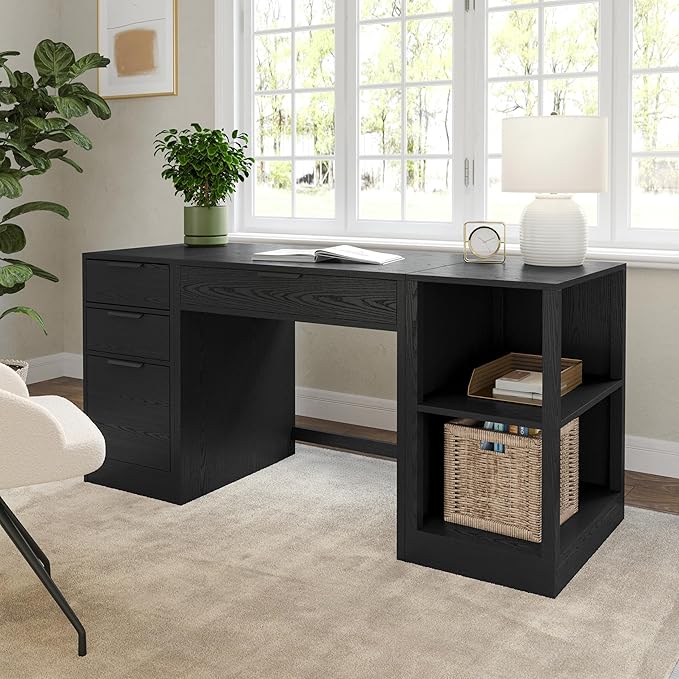 Martha Stewart Kayden Home Office Modular Desk with Drawer, 2 Tier Shelf, and File Cabinet in Black with Oil Rubbed Bronze Hardware