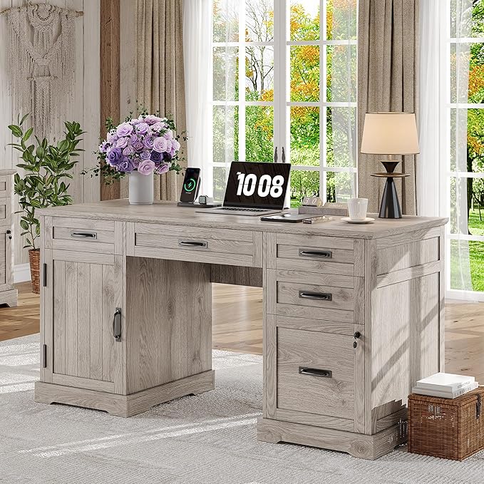 Whalefall 55'' Farmhouse Desk Home Office with Drawers, Executive Computer Desk Wooden with File Cabinet and Charging Station, White Wash Gray