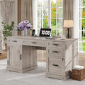 Whalefall 55'' Farmhouse Desk Home Office with Drawers, Executive Computer Desk Wooden with File Cabinet and Charging Station, White Wash Gray