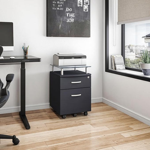 2-Drawer Rolling File Cabinet with Lock and Glass Top, Under Desk File Cabinet with Wheels, Printer Stand, Graphite Black