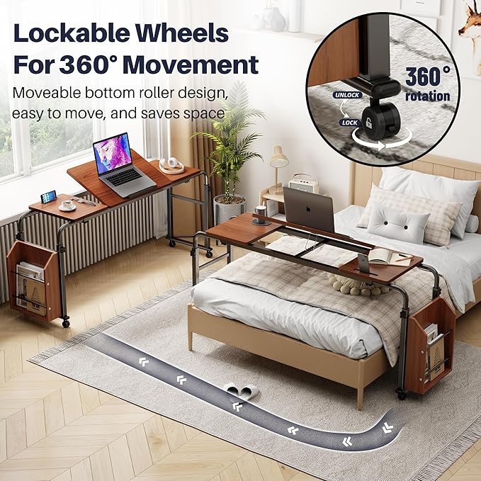 Overbed Table with Wheels, Tilting Overbed Desk Adjustable Height & Length, Queen Over Bed Table with Storage Cabinet, Rolling Laptop Desk for Bedroom, Living Room, Hospital (Brown, 47.24in)