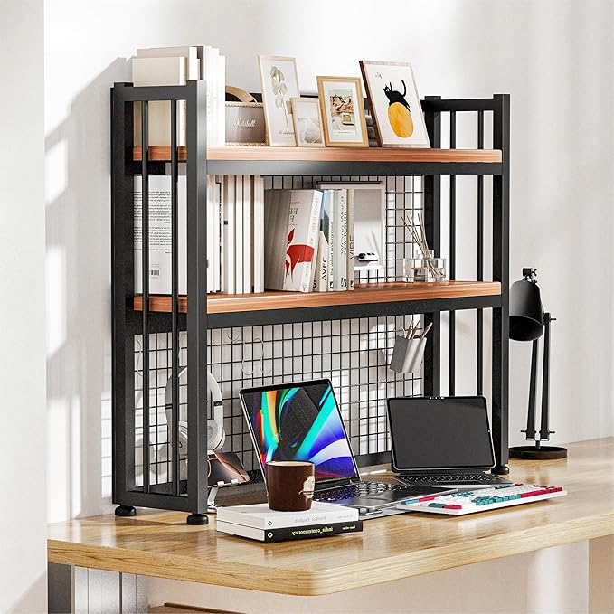 Desktop Hutch Bookshelf Metal Desk Shelf, 2-Tier Storage Display Shelf for Computer Desk, Multifunctional Freestanding Storage Rack Display Shelf for Office, Home Decor, Kitchen (45.2*35*9.44 IN)