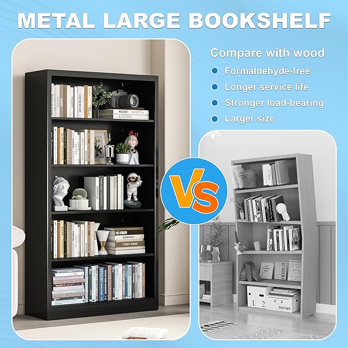 55" Tall Metal Bookshelf, Heavy Duty Black Bookshelf with 4 Adjustable Storage Shelves, Large Deep Bookcases for Office, School, Home, Bedroom, Library