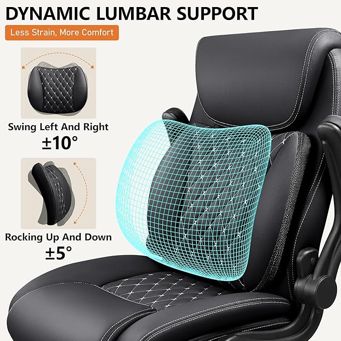 BESTFAIR Office Chair, Ergonomic Computer Desk Chairs with Lumbar Support for Lower Back Pain Relief, Executive Leather Home Chair Comfy with Padded Flip-up Armrests, Black, 2-Pack