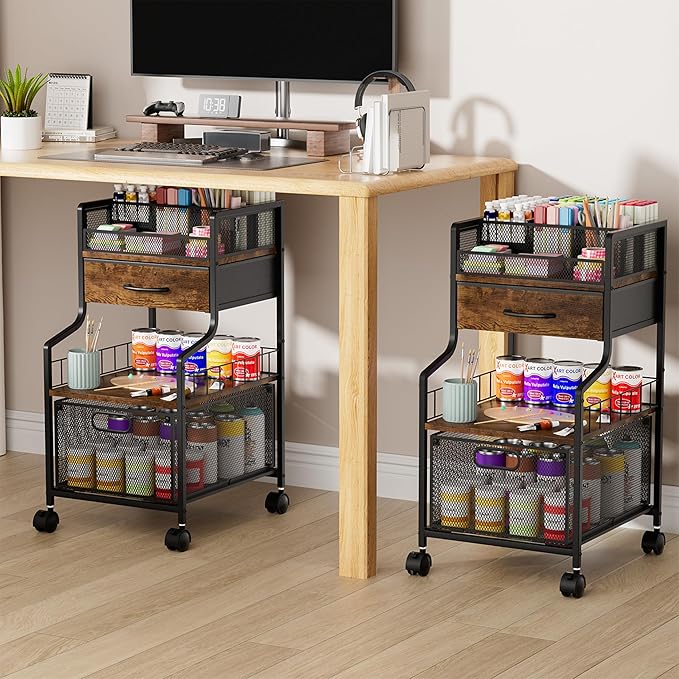 SWTYMIKI Rolling Under Desk Storage - Utility Cart with Drawers & DIY Divider - Art Cart Organizer on Wheels - Craft Storage Drawers Rolling Cart for Office, Craft Room & Studio Espresso