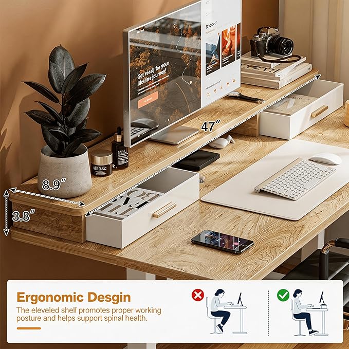 Grandder Electric Standing Desk with Two Drawers, Sit to Stand Up Height Adjustable Desk with Storage Shelf for Home Office, 48 * 24 Inch, Study, Ergonomic Adjustable Computer Desk, Oak
