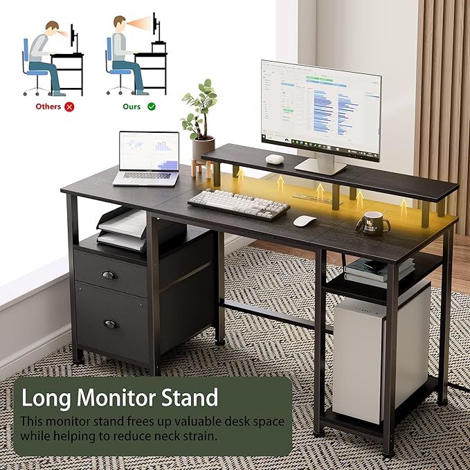 Furologee 51" Gaming Desk with Power Outlets & LED Lights, Reversible Computer Desk with File Cabinet & Monitor Stand for Home Office, Large Work Table with Storage Shelves & Drawer, Black