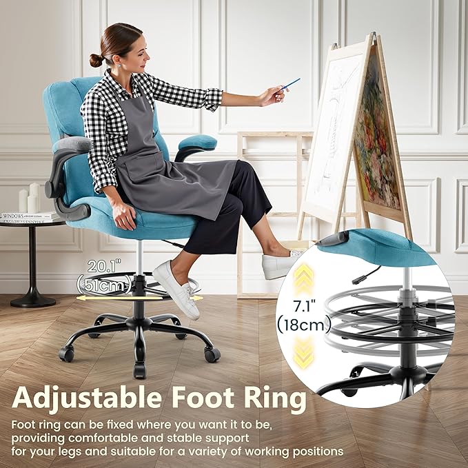 Drafting Chair 500Lbs, Tall Office Chair for Standing Desk, Fabric Executive Office Chair with Flip-up Armrests, Ergonomic High Chair with Adjustable Foot Ring, Comfy Stool Chairs, Blue