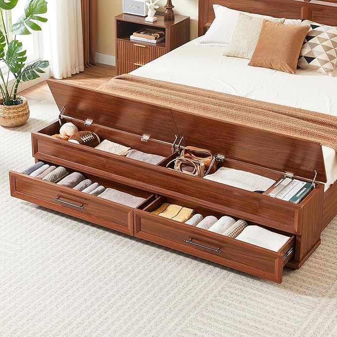 King Size Bed with 3D Geometric Headboard & Storage Bench - 4-Drawer Storage, Modern Bedroom Furniture, Walnut. The 3D geometric grid pattern on the headboard exudes modern charm, blending refinemen