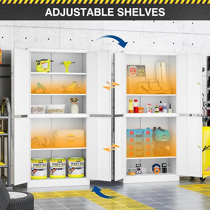Fesbos 71” Metal Storage Lockable Heavy Duty File Cabinet Garage Tool Cabinets with Doors and Shelves-Tall White Steel Cabinet for Garage for Office, Gym, School