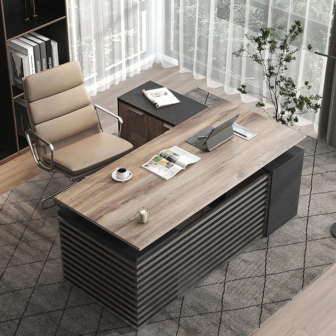 SAINTCY 70.87In L Shaped Executive Standing Desk with Drawers, Large Modern Adjustable Heigh Home Office Desk w/File Cabinet, AC/USB, Business Workstation, Black and Warm Oak