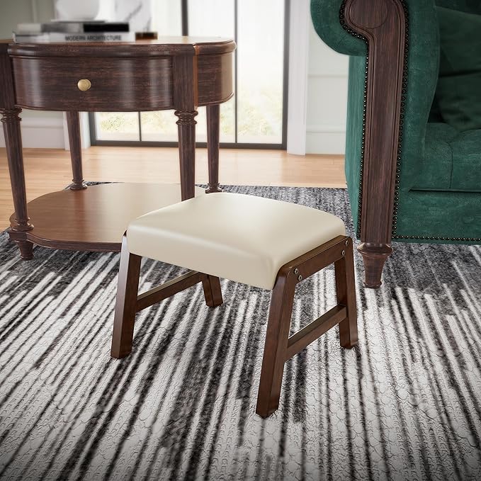 Small Foot Rest Ottoman, 11.8" H PU Leather Rectangle Foot Stool with Non-Skid Wood Legs, Small Foot Step Footstool Sofa Footrest for Couch, Desk, Office, Beige