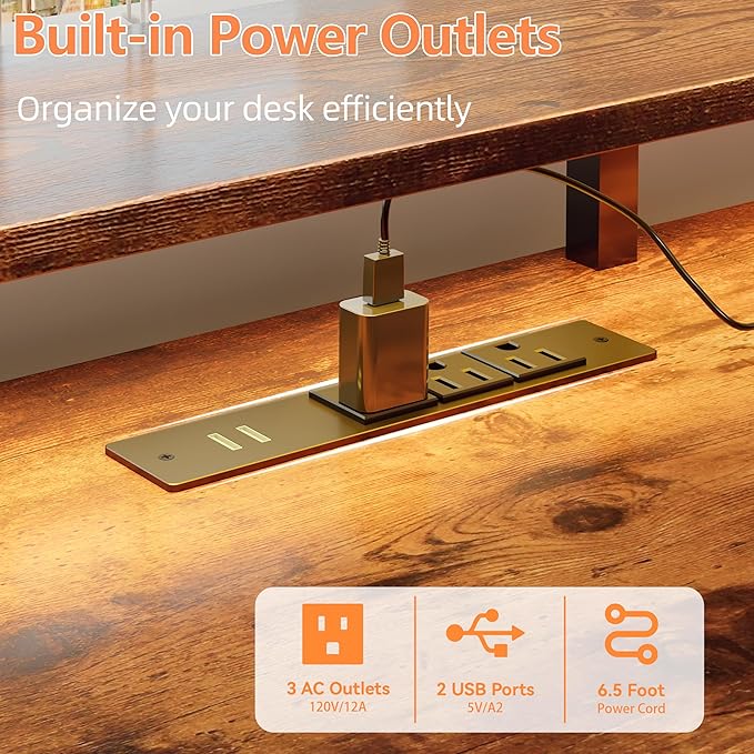 Furologee 51" Computer Desk with Power Outlet and LED Lights, Reversible Home Office Desk with File Cabinet & Monitor Stand, Large Gaming Table with Storage Shelves & Drawer, Rustic Brown