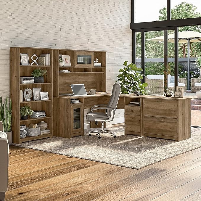 Bush Furniture L Shaped Desk with Hutch, 5 Shelf Bookcase and Lateral File Cabinet | Cabot Collection Corner Computer Table with Storage and Bookshelf | 60Wx23DX37W