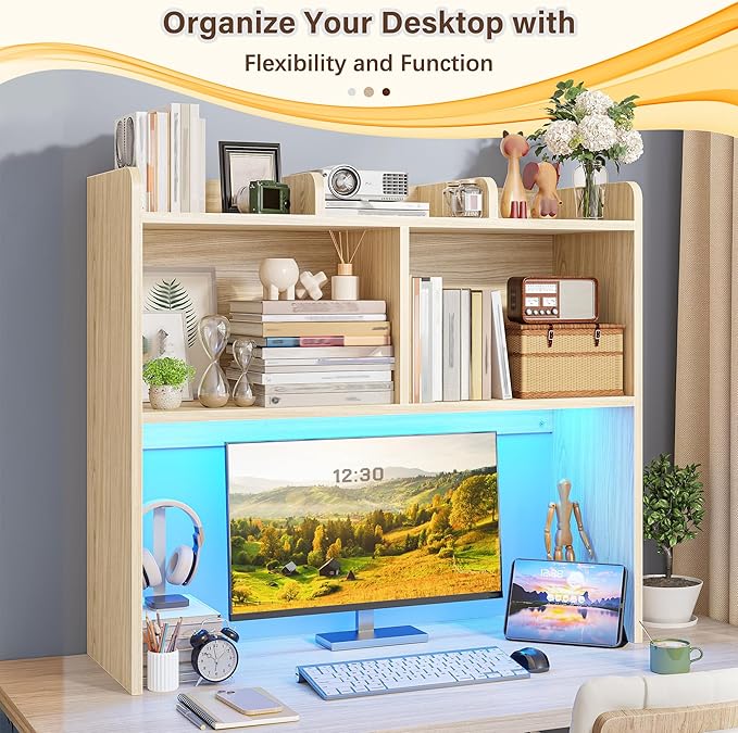 REIBII Desk Hutch Dorm for Computer Monitor Up to 27", Dorm Desk Hutch Top Only with RGB Light Strip, Wooden Desktop Bookshelf with 6 Shelves, 3-Tier Desktop Shelf for Home Office Dorm, Wood Color