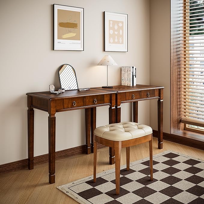 Biaco Small Wood Makeup Vanity Desk Set, Vintage Dressing Vanity Table Set with 2 Drawers & Matching Padded Bench Stool Writing Desk with Button Tufted Cushioned Stool, Cherry&Beige
