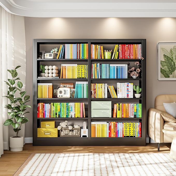 71" Metal Bookshelf,5 Tier Black Bookshelf with Adjustable Shelves,Heavy Duty Bookshelves and Bookcases,Tall Bookcase for Living Room,Library,Office,Including Book Stopper (Black, 73" Wide)