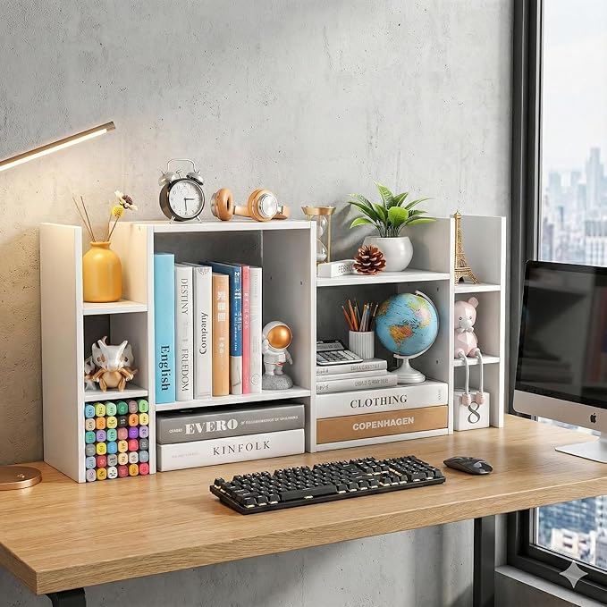 YIGANG Desk Shelf Organizer, 3-Tier Desktop Bookshelf for Computer Desk, Small Tabletop Hutch Storage Rack, Wood Office Supplies Organizer for Dorm, Home & Student (29 Inch Wide)，White