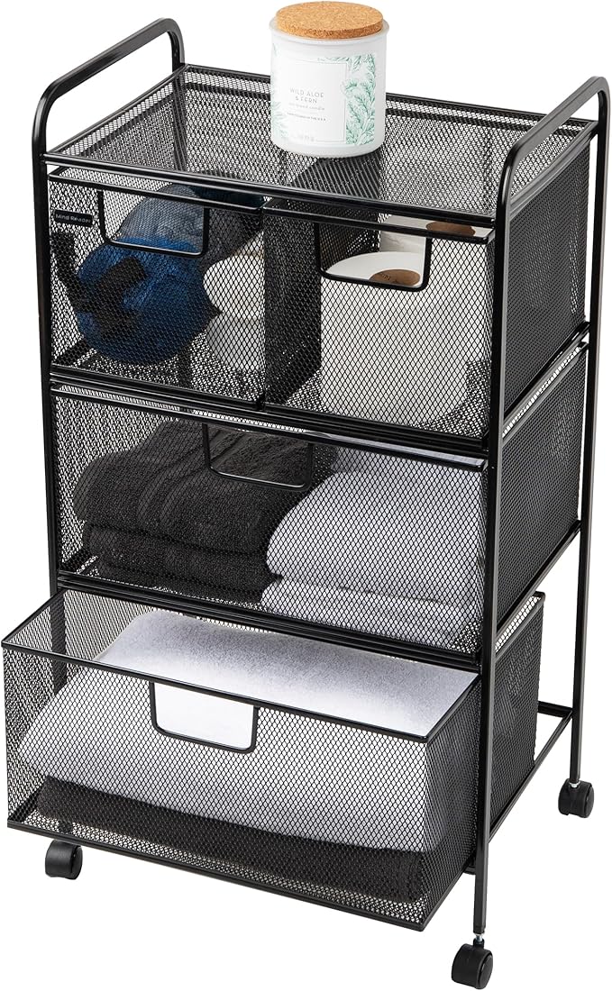 Mind Reader Cart with Drawers, Multipurpose Office Organizer, Utility Cart, Rolling Storage, Metal Mesh, Black
