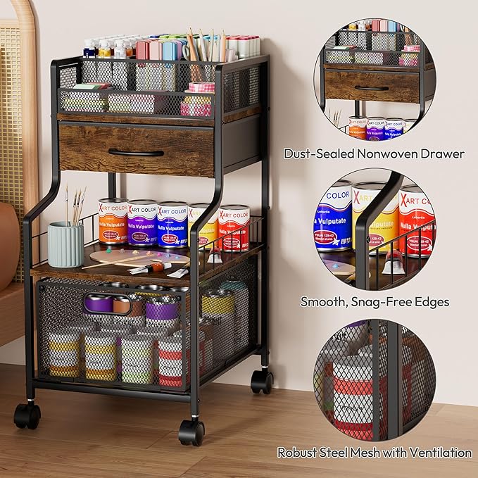 SWTYMIKI Rolling Under Desk Storage - Utility Cart with Drawers & DIY Divider - Art Cart Organizer on Wheels - Craft Storage Drawers Rolling Cart for Office, Craft Room & Studio Espresso