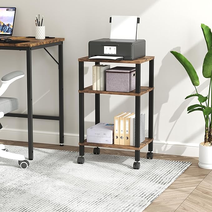 3-Tier Printer Stand with Storage, Mobile Printer Cart with Rolling Casters & Adjustable Feet, Under Desk Storage Shelf for Home Office, Rustic Brown, 15.7" x 11.8" x 25.9"