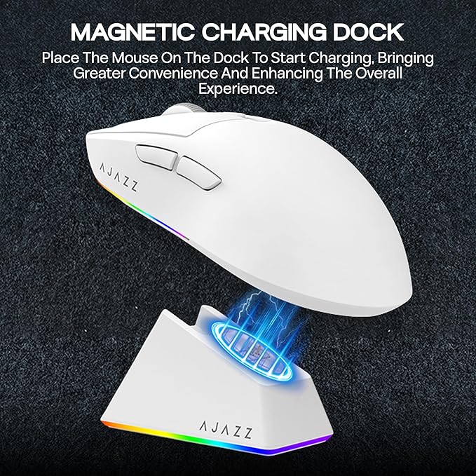 MechLands AJAZZ AJ139 V2 MC Gaming Mouse with Charging Base, Adjustable 12,000 DPI, PAW3311 Sensor, 3 Modes Wireless Mouse, 500mAh Battery, 1000 Polling Rate, 66g Lightweight, Win/Mac (White)