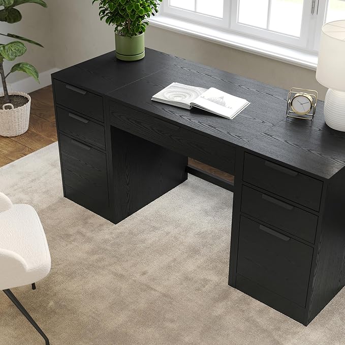 Martha Stewart Kayden Home Office Modular Desk with Drawer and Dual 3 Drawer File Cabinets in Black with Oil Rubbed Bronze Hardware