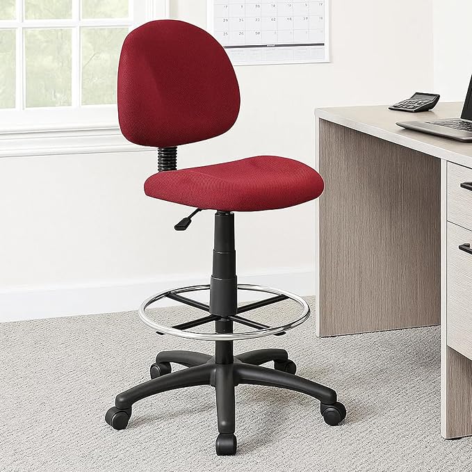Benzara Jea Drafting Stool Chair, Burgundy Red Tweed, Contoured Back and Footring