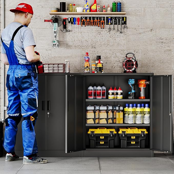 Metal Storage Cabinet, 36" H Locking Storage Cabinet, Metal Cabinets with Doors and 2 Adjustable Shelves for Home, School, Office, Garage, Black