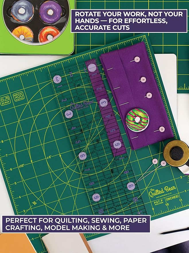 The Quilted Bear Rotating Cutting Mat 12" x 12" - Locking & Rotating Self Healing Cutting Board for Sewing, Fabric & Effortless Quilting - 360 Degree Sewing Supplies Mat for Craft Table (Green)