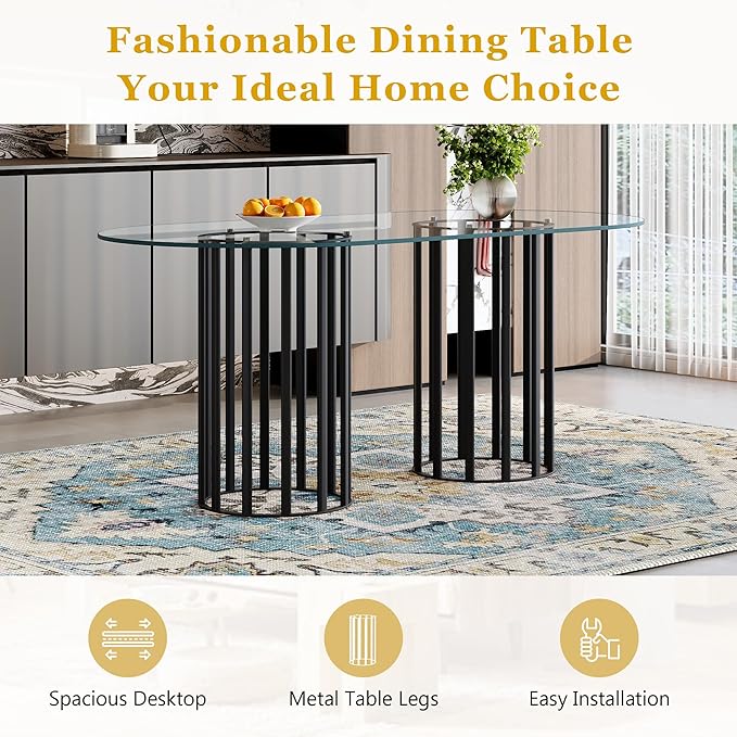 Table and chair set.71 inch oval tempered glass dining table,black double column light luxury style. Paired with 8 Transparent Plastic Chairs with Black Metal Legs. Accurate size, suitable for 8 peo