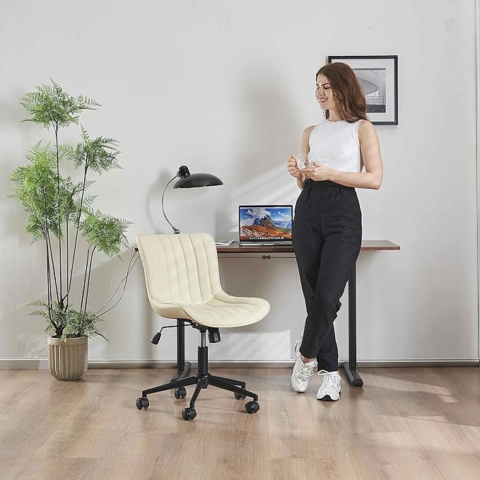 YOUNIKE Beige Office Desk Chair with Wheels Swivel Comfy Armless Vanity Chair with Back Modern Leather Upholstered Rolling Computer Task Chair Small Cute Drafting Sewing Chair No Arms Adjustable