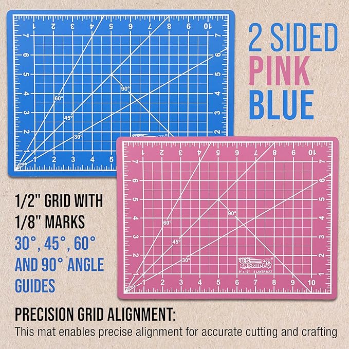 U.S. Art Supply 9" x 12" Self-Healing Cutting Mat 5-Ply (2 Pack) - Double-Sided Pink/Blue Craft Mat, Non-Slip Cutting Mats for Crafts, Sewing, Quilting, Scrapbooking