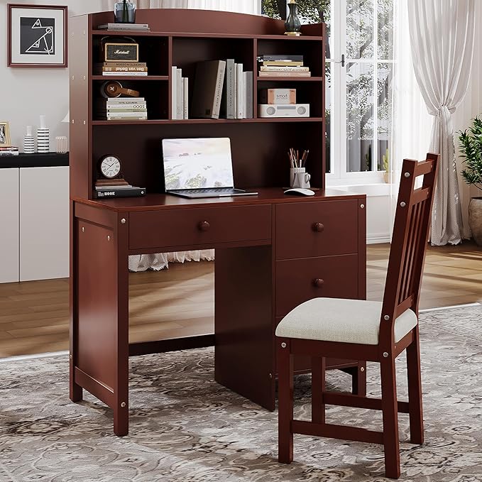 40" Home Executive Desk and Upholstered Chair Set with Bookshelf,Vintage Style Computer Desk with 4 Drawers & Storage Shelf,Study Set for Office, Bedroom or Living Room (Espresso)