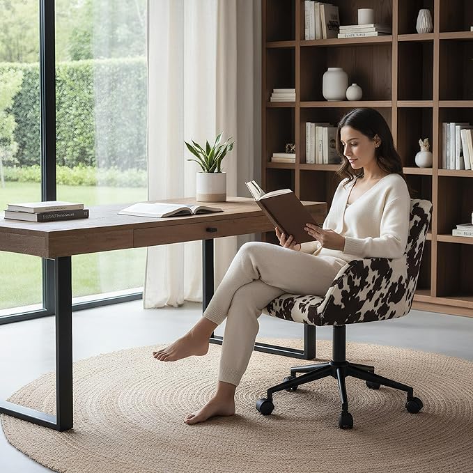 Modern Swivel Home Office Desk Chair with Wheels, Cow Print Velvet Height Adjustable Comfortable Ergonomic Upholstered Vanity Make up Chair, Cute Cowhide Computer Armchair for Living Room Home