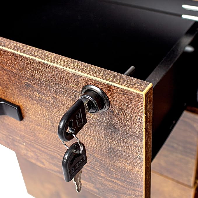 Relaxdays Mobile Filing Cabinet with 3 Drawers, 2 Shelves, Lockable, 4 Wheels, Office Storage, Brown/Black, 66x80x40 cm