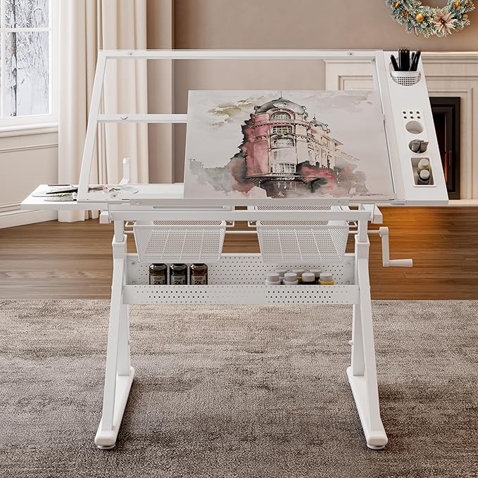 Drafting Table Desk w/Stool, Painting Table Art Craft Desk Crafting Table with Tilting Tempered Glass Top, 2 Storage Drawers, Upgraded Hand Crank Height Adjustable (White)