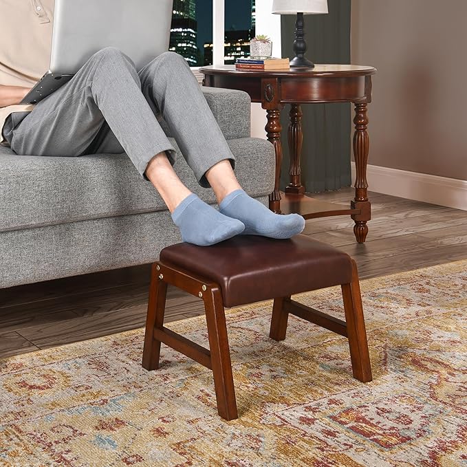 Small Foot Rest Ottoman, 11.8" H PU Leather Rectangle Foot Stool with Non-Skid Wood Legs, Small Foot Step Footstool Sofa Footrest for Couch, Desk, Office, Wine Red