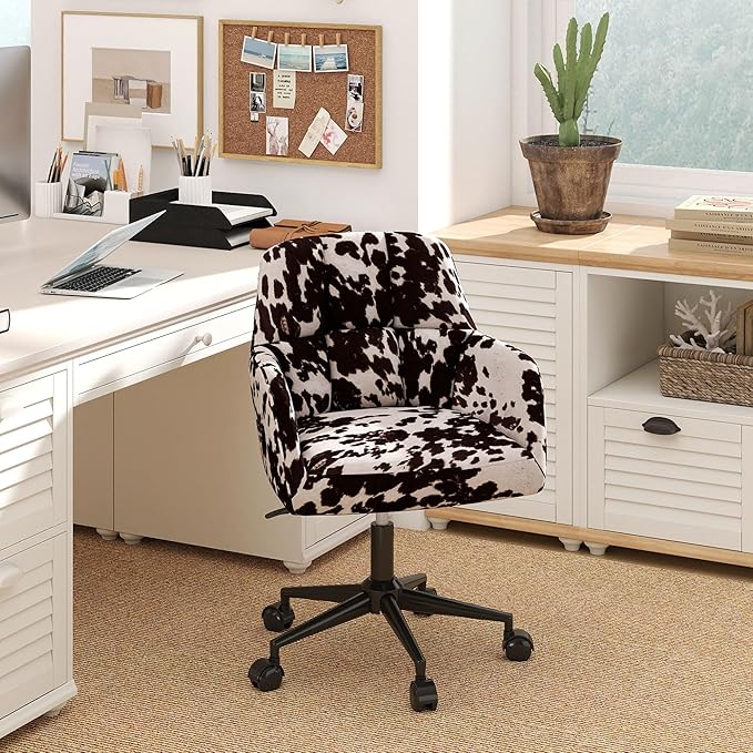 Modern Swivel Home Office Desk Chairs with Wheels and Arms Set of 2, Cow Print Velvet Height Adjustable Comfortable Ergonomic Desk Chairs, Wide Cute Cowhide Computer Armchairs for Living Room Home