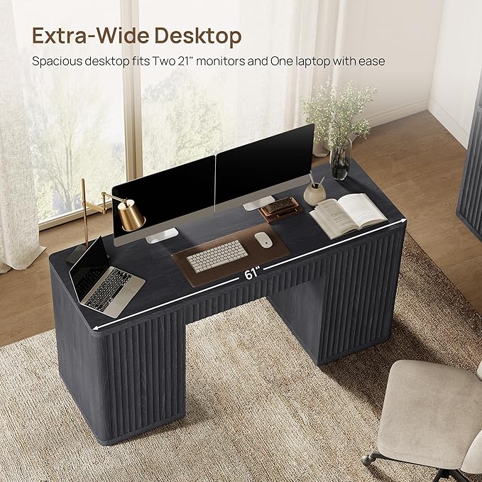 SICOTAS 61" Large Office Computer Desk with Storage Modern Home Office Desks with Drawer & Doors Fluted Desks Executive Desk Wooden Writing Table Vanity Table for Living Room Bedroom, Black Alder