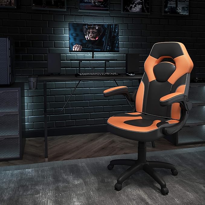 EMMA + OLIVER Black/Orange Gaming Desk Set with Headphone Hook, and Monitor Stand
