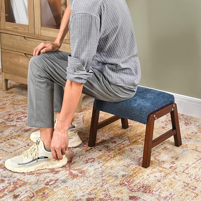 Small Footstool Ottoman, 11.8" H Fabric Wooden Foot Rest Ottoman with Wood Legs, Small Foot Stool Sofa Footrest Extra Seating for Living Room Entryway Office, Royal Blue