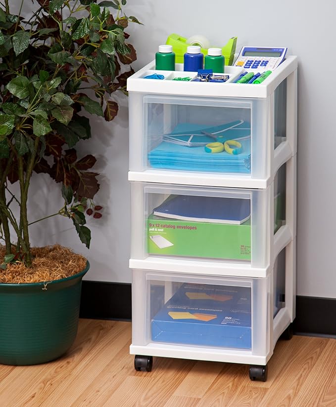 IRIS USA Plastic Drawer Storage Organizer Rolling Cart, with Wheels Casters, 3-Drawers, for Classroom Art Craft Supplies Dresser Closet Bathroom Laundry Room, White/Clear