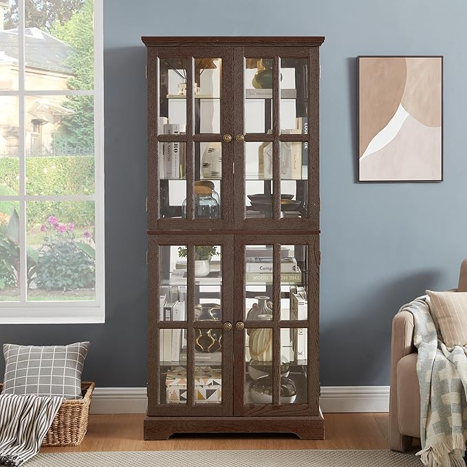 Curio Display Cabinet, Antique Display Cabinet with Glass Doors Adjustable Shelves for Collectibles Four Door Design Vintage Showcase for Home or Office Antique Display Case E26 Bulb Included CHE Ti