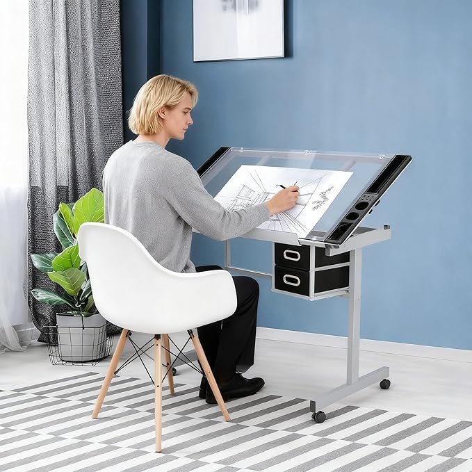 ZENY Drafting Table on Wheels with Storage Drawers, Adjustable Glass Tabletop, Craft Table Drawing Desk Artist Hobby Table for Painting, Drawing, Crafting