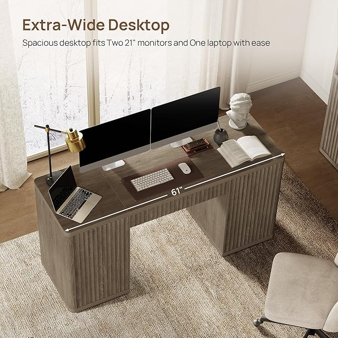 SICOTAS 61" Large Office Computer Desk with Storage Modern Home Office Desks with Drawer & Doors Fluted Desks Executive Desk Wooden Writing Table Vanity Table for Living Room Bedroom, Grey Alder