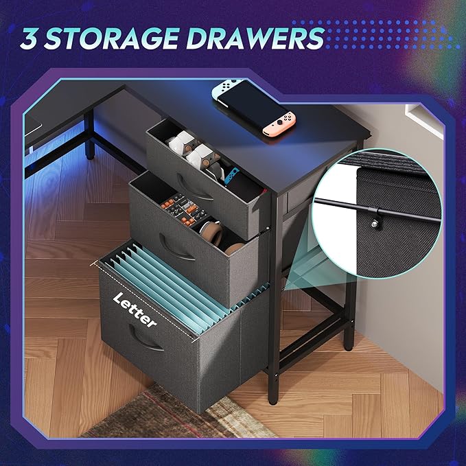 DEVAISE L Shaped Desk with Drawers, L Shaped Gaming Desk with Power Outlets, LED Lights, Monitor Stand, Computer Table, Large Corner Desk for Home Office (Black, 66 Inch)